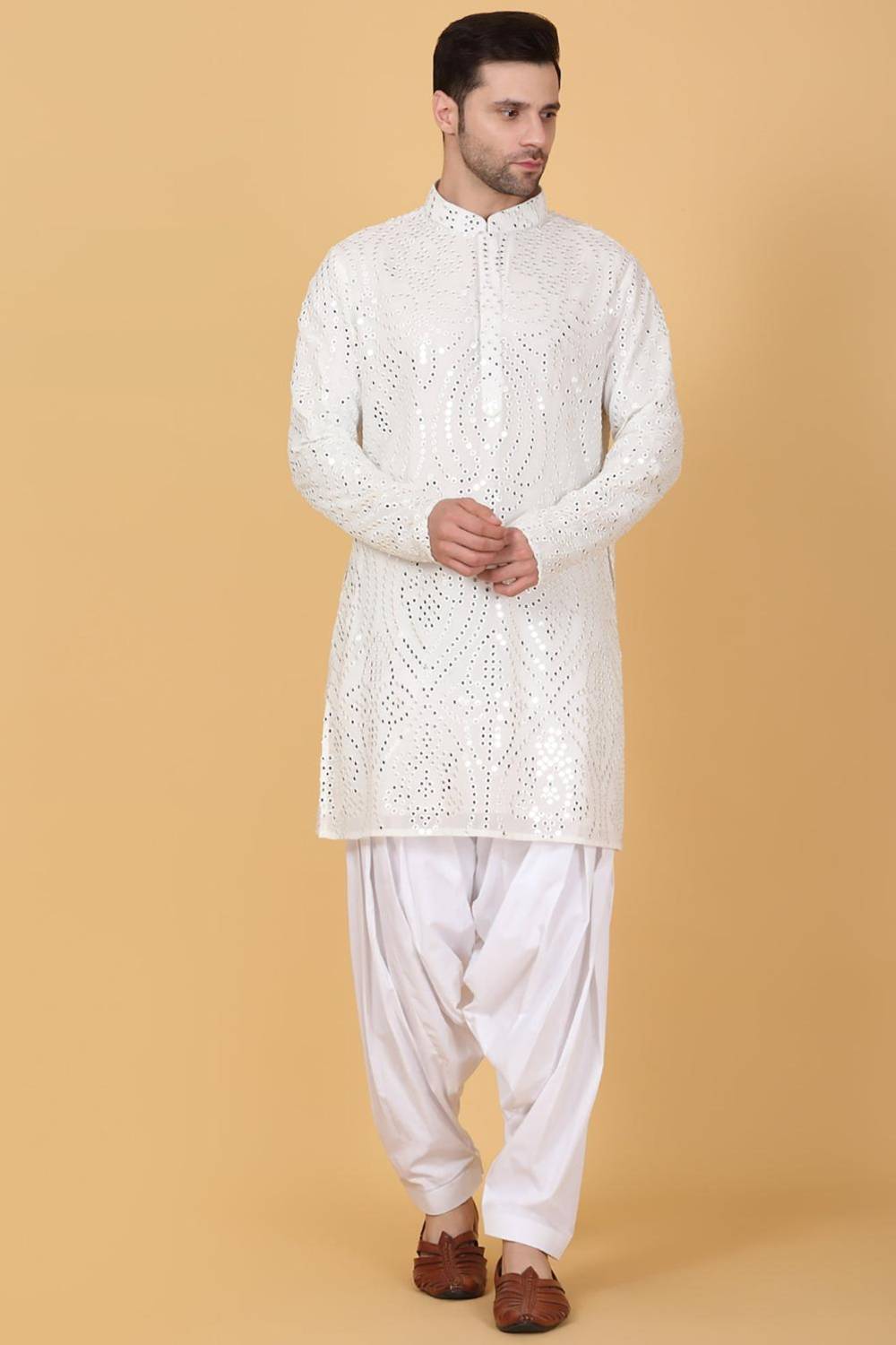 Jahaan Mirror Embroidery Work Kurta Set - White
