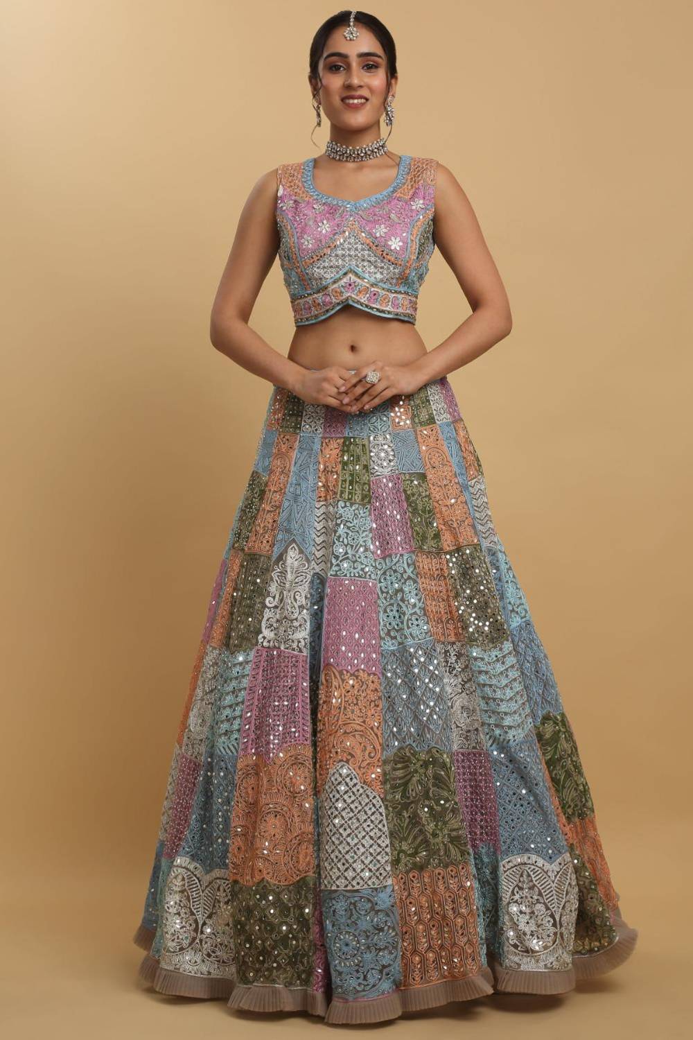 Divyam Multi Colored Thread And Mirror Embroidered Lehenga Set