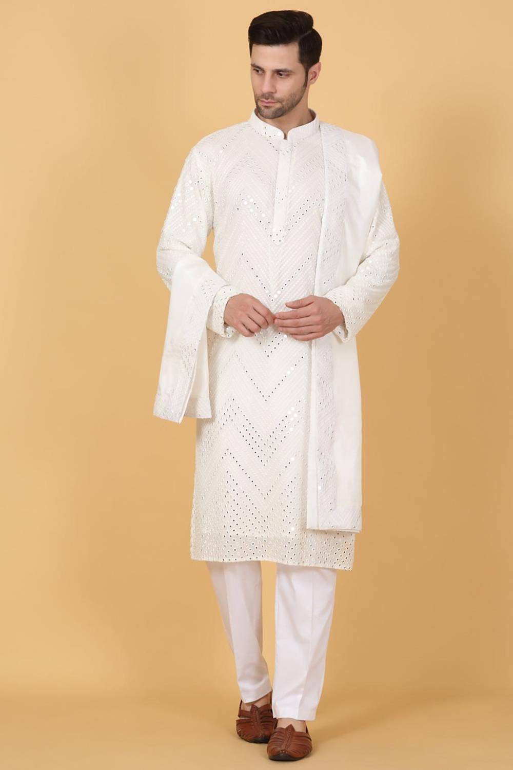 White Cotton Mirror Embroidery Zig Zag Kurta Set