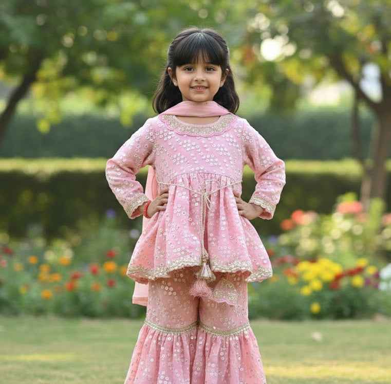 Pink Mirror Work Georgette Sharara Set with Dupatta for Girls - CuddlesClothing
