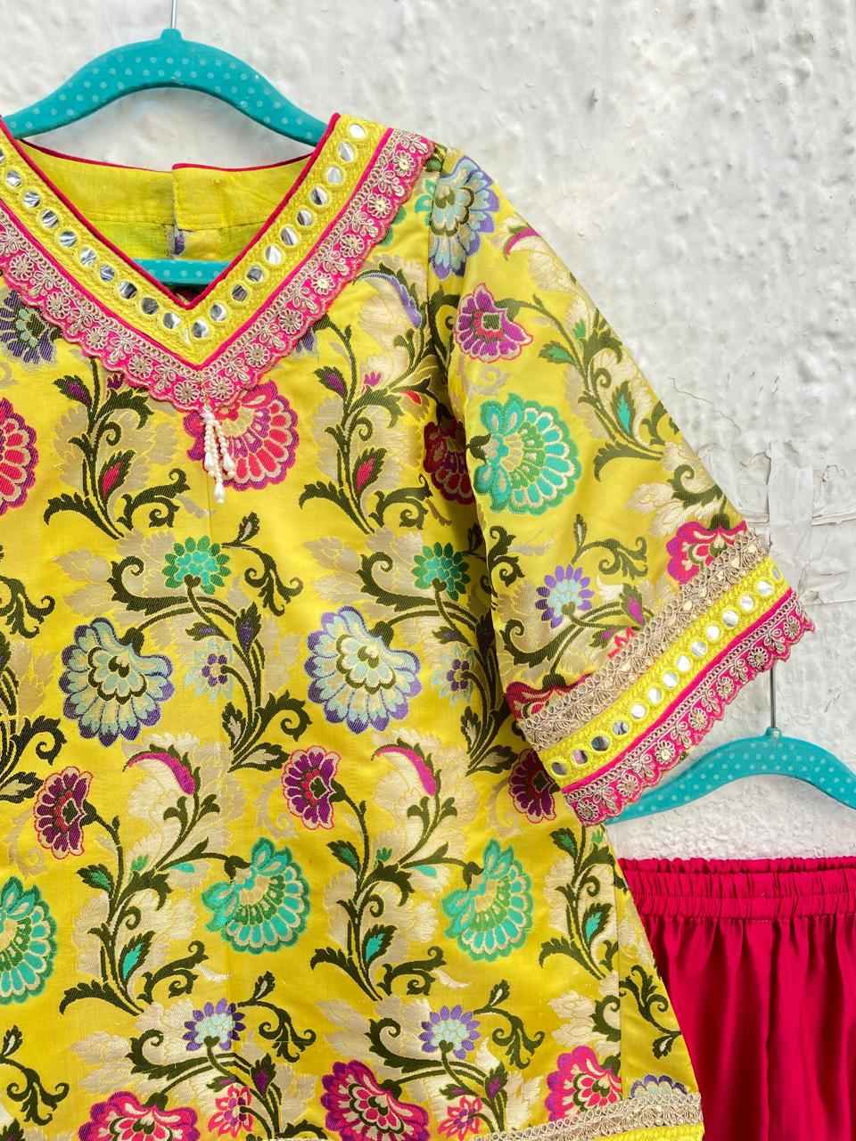 Yellow Banarsi Silk Girls Kurta Set with Pink Cotton Silk Salwar