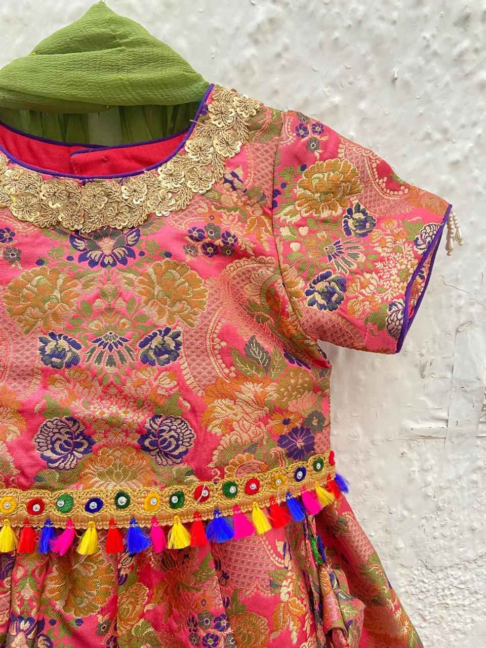 Girls Banarsi Silk Lehenga Set with Net Dupatta