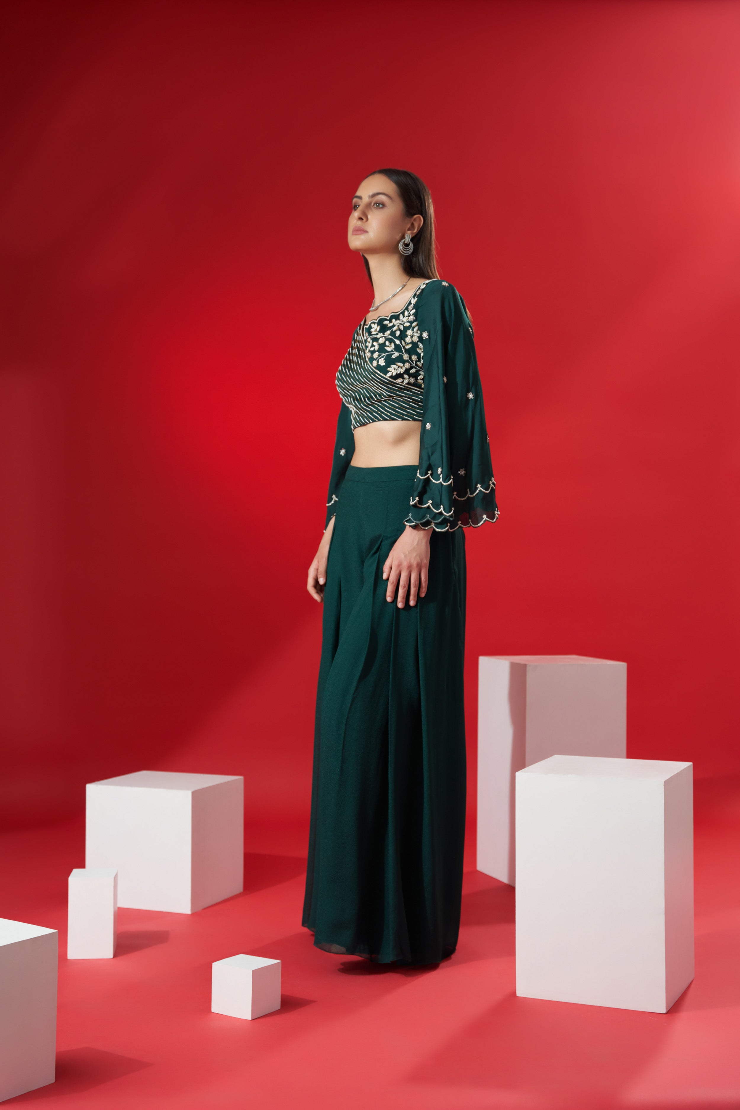 Green Satin Flared Pant Set