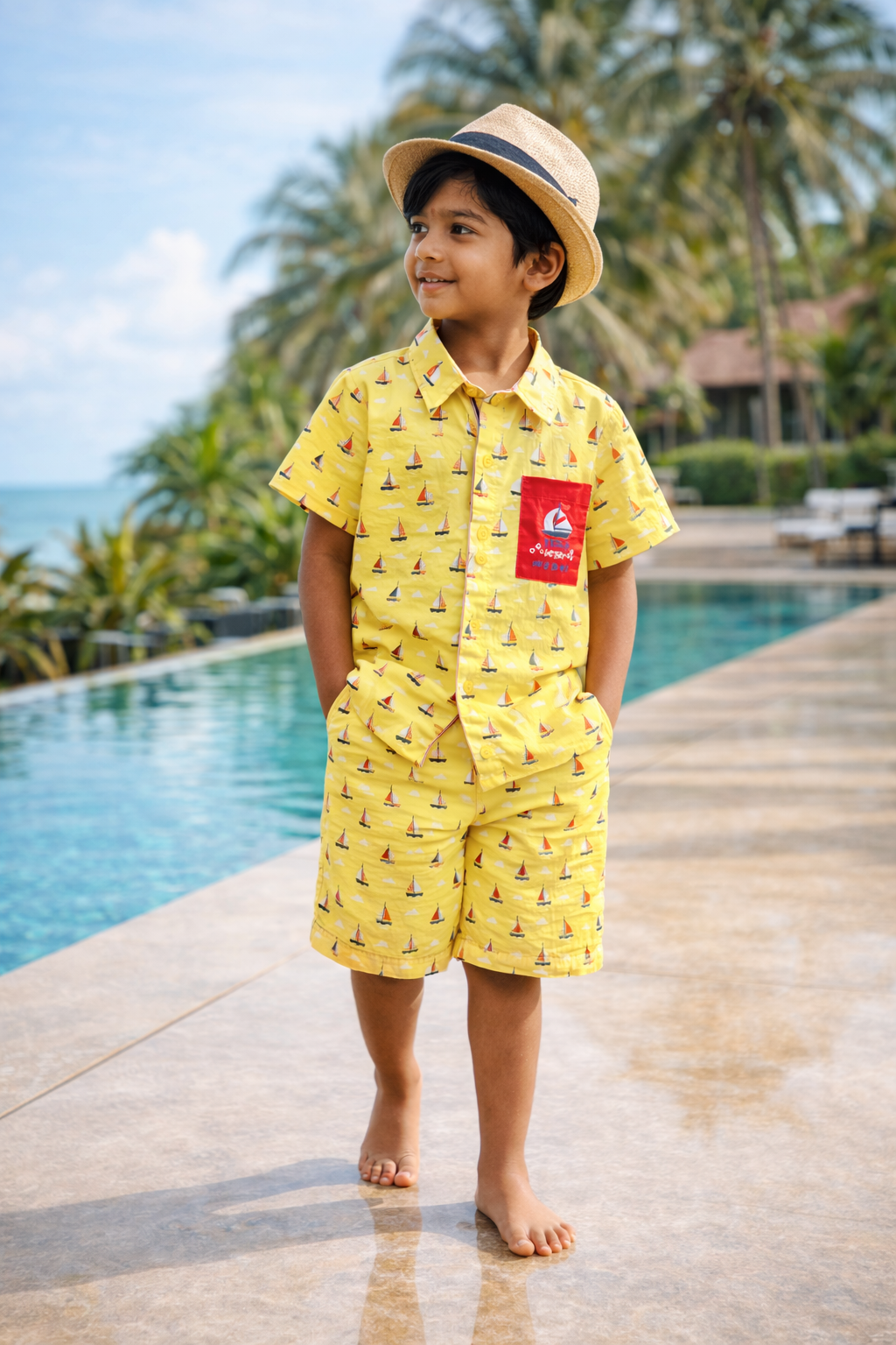Boys Yellow Cotton Co-ord Set with Embroidered Pocket