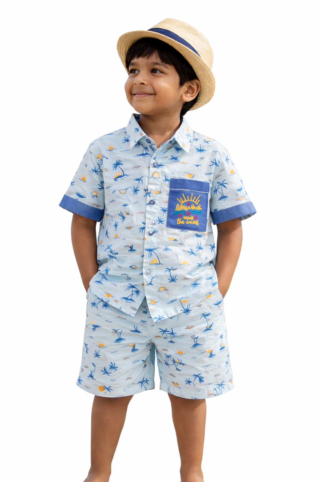 Boys Blue Cotton Co-ord Set with Embroidered Pocket