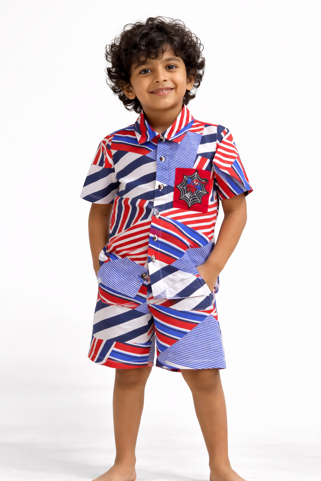 Boys Cotton Co-ord Set with Spiderman Embroidered Pocket