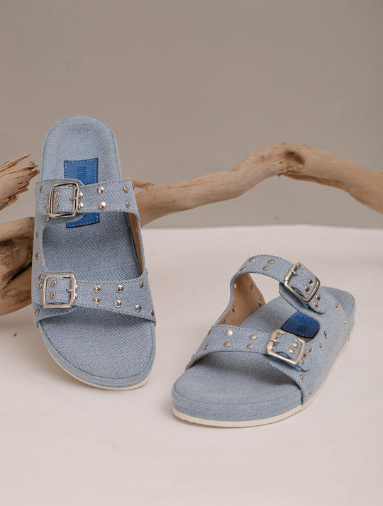 Denim Studded Sliders - Blue