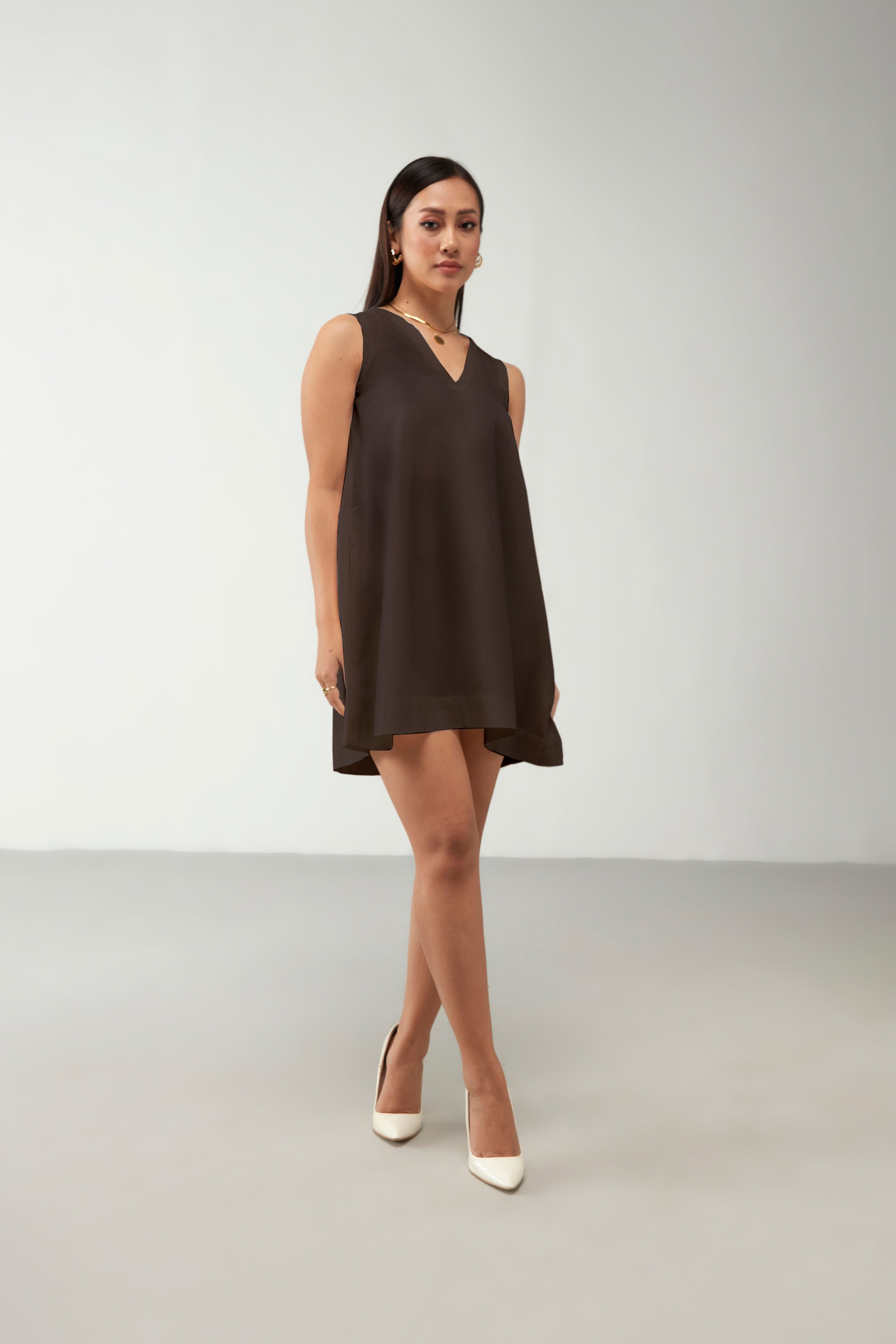 Brown Crisp Anti Fit V Neckline Dress