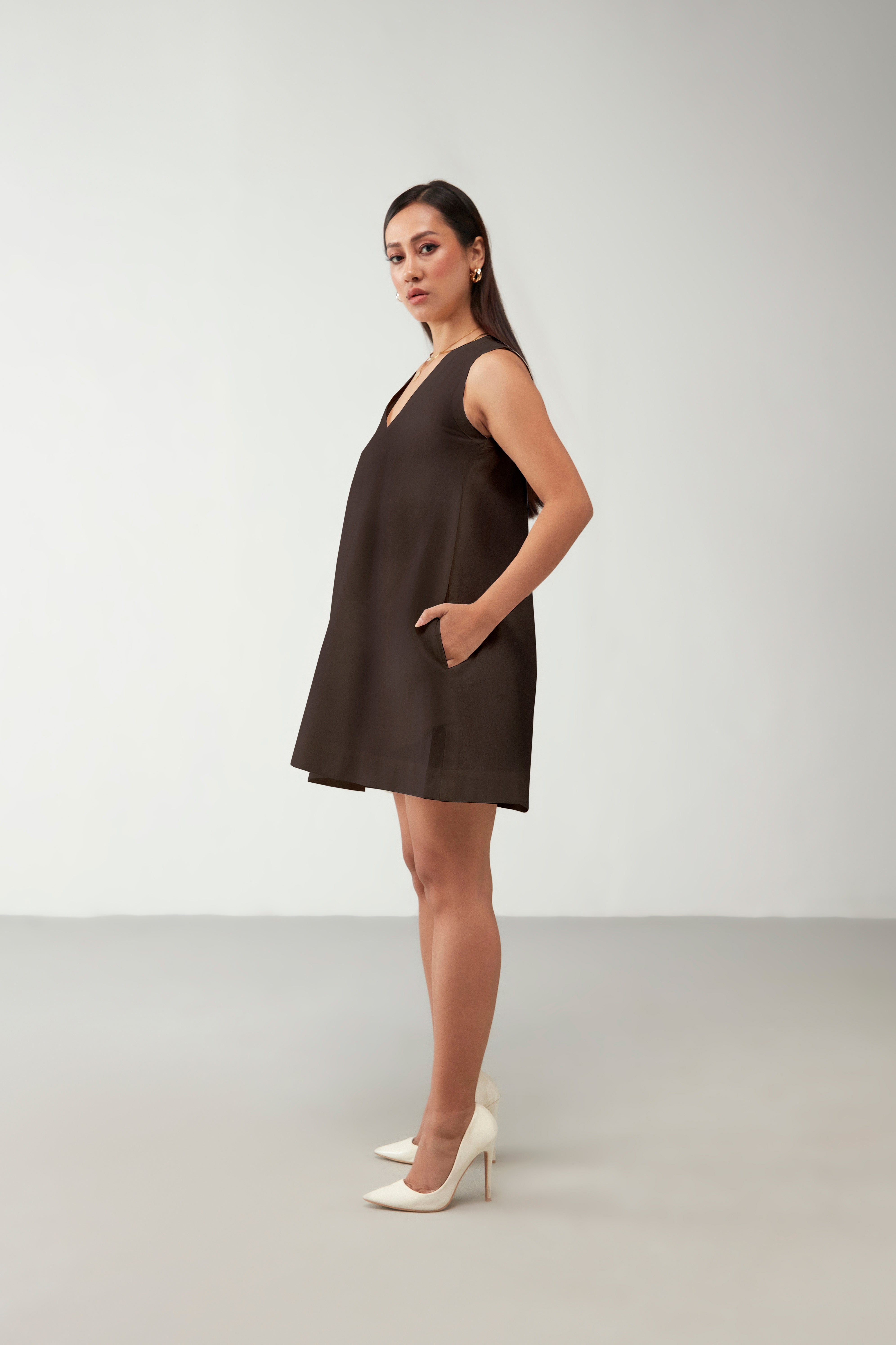 Brown Crisp Anti Fit V Neckline Dress