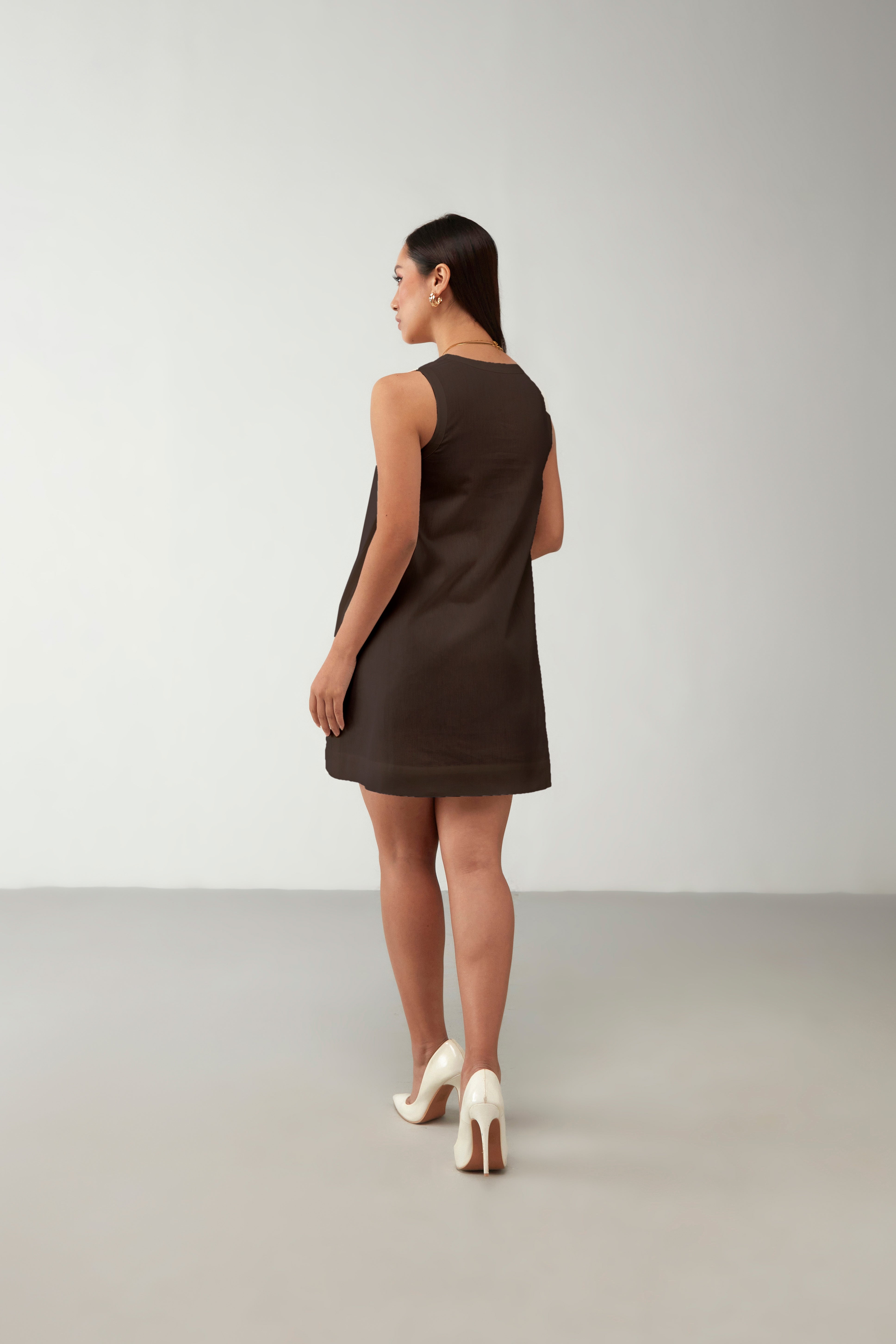 Brown Crisp Anti Fit V Neckline Dress