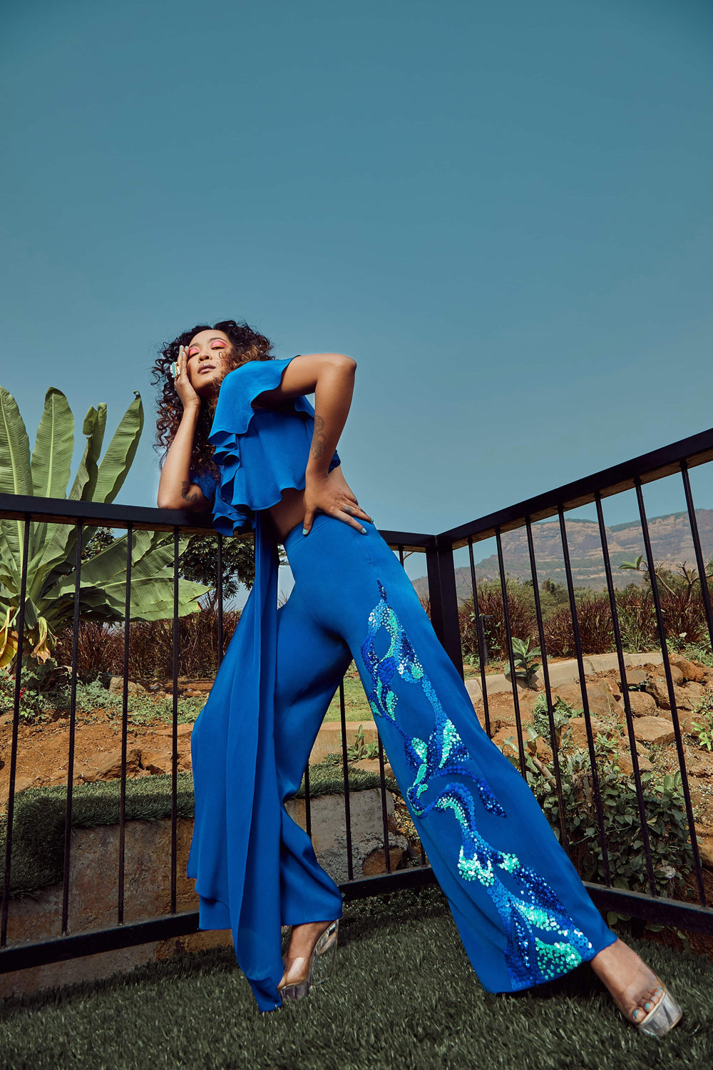 Azure Blue Deep Plunged Top With Trousers