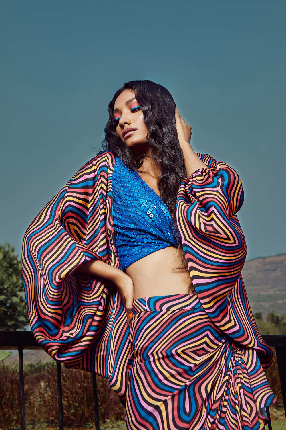 Azure Blue Front Knot Top Detailed With Cape And Skirt