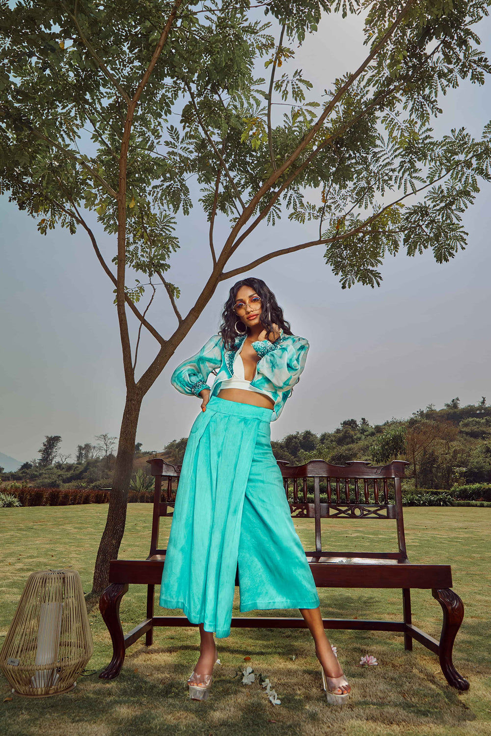 Celestial Blue Overlap Pleated Trousers with Jacket And Bralette