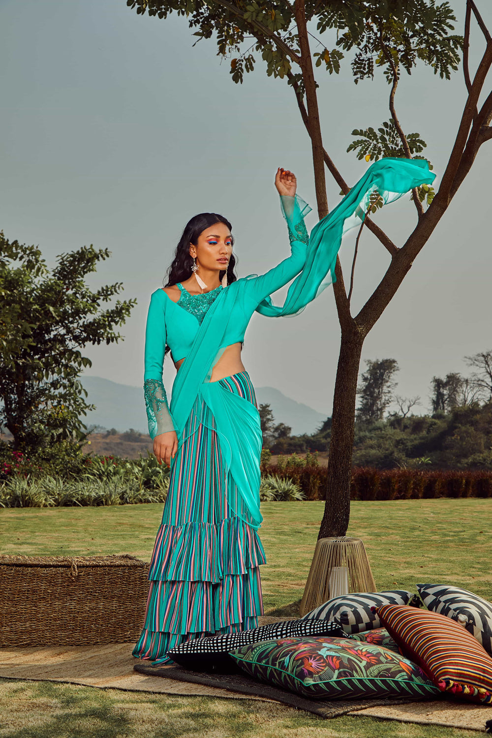 Sorbet Mint Green Top With Pre-Draped Saree
