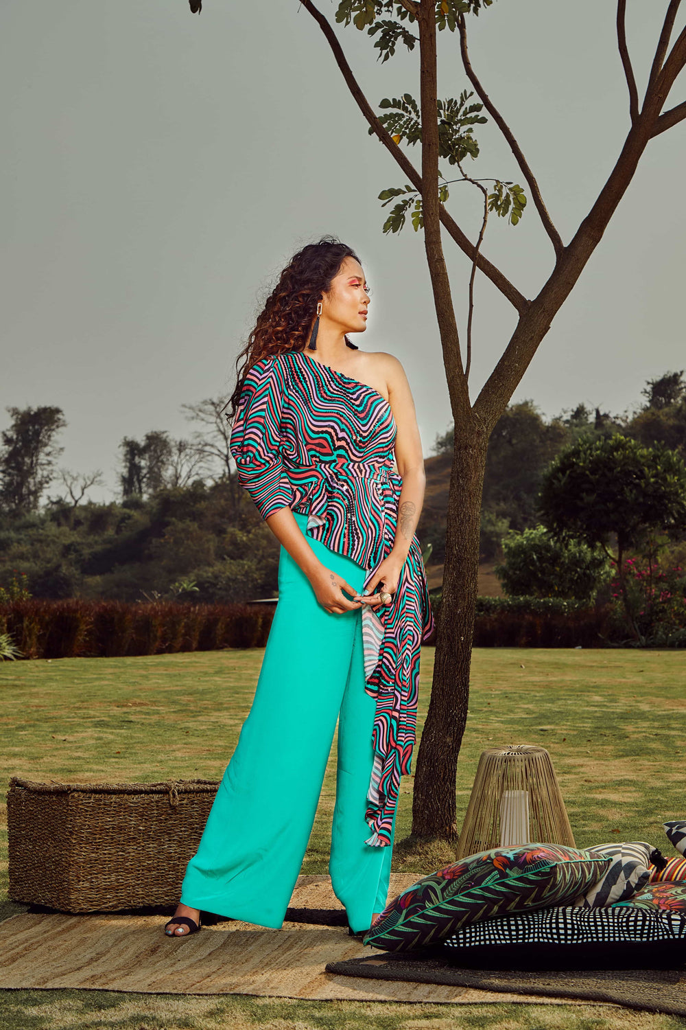 Sorbet Mint Green One Shoulder Italian Crepe Jumpsuit