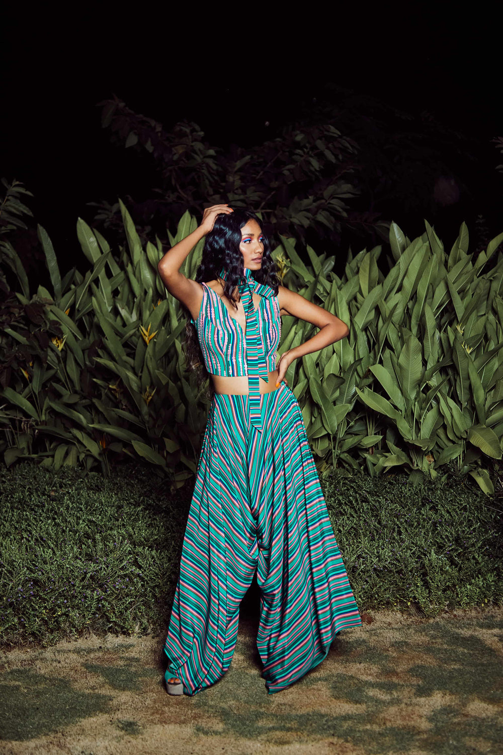 Mint green Printed Overall Exaggerated Low Crotch Pants With Silk Top