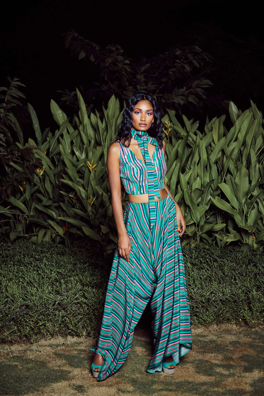 Mint green Printed Overall Exaggerated Low Crotch Pants With Silk Top
