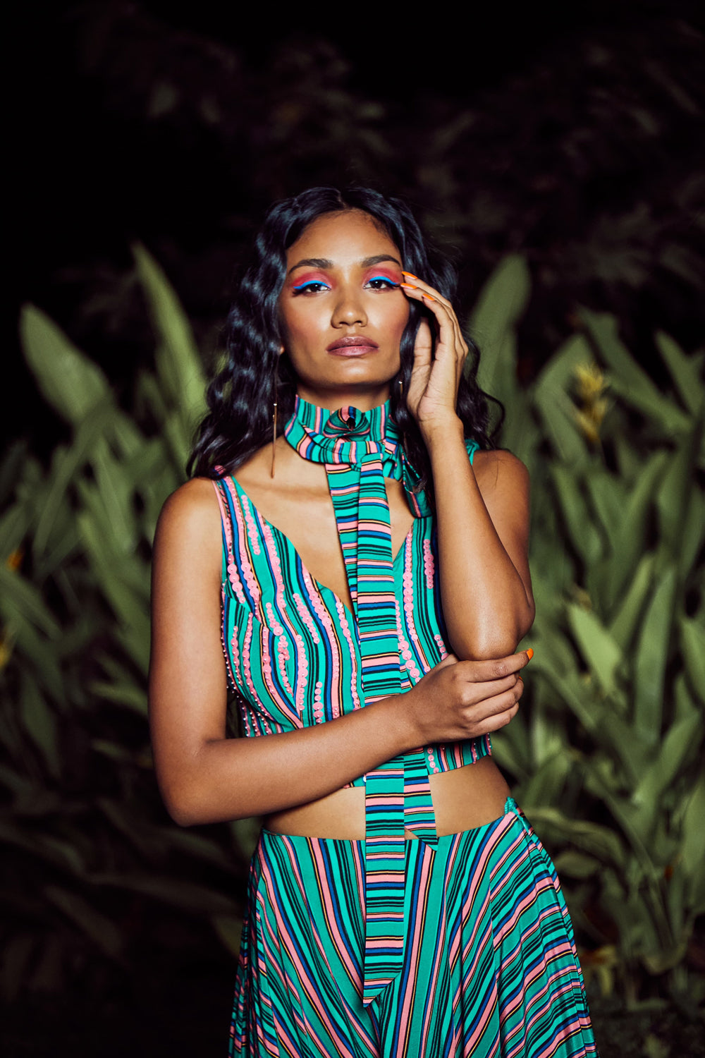 Mint green Printed Overall Exaggerated Low Crotch Pants With Silk Top