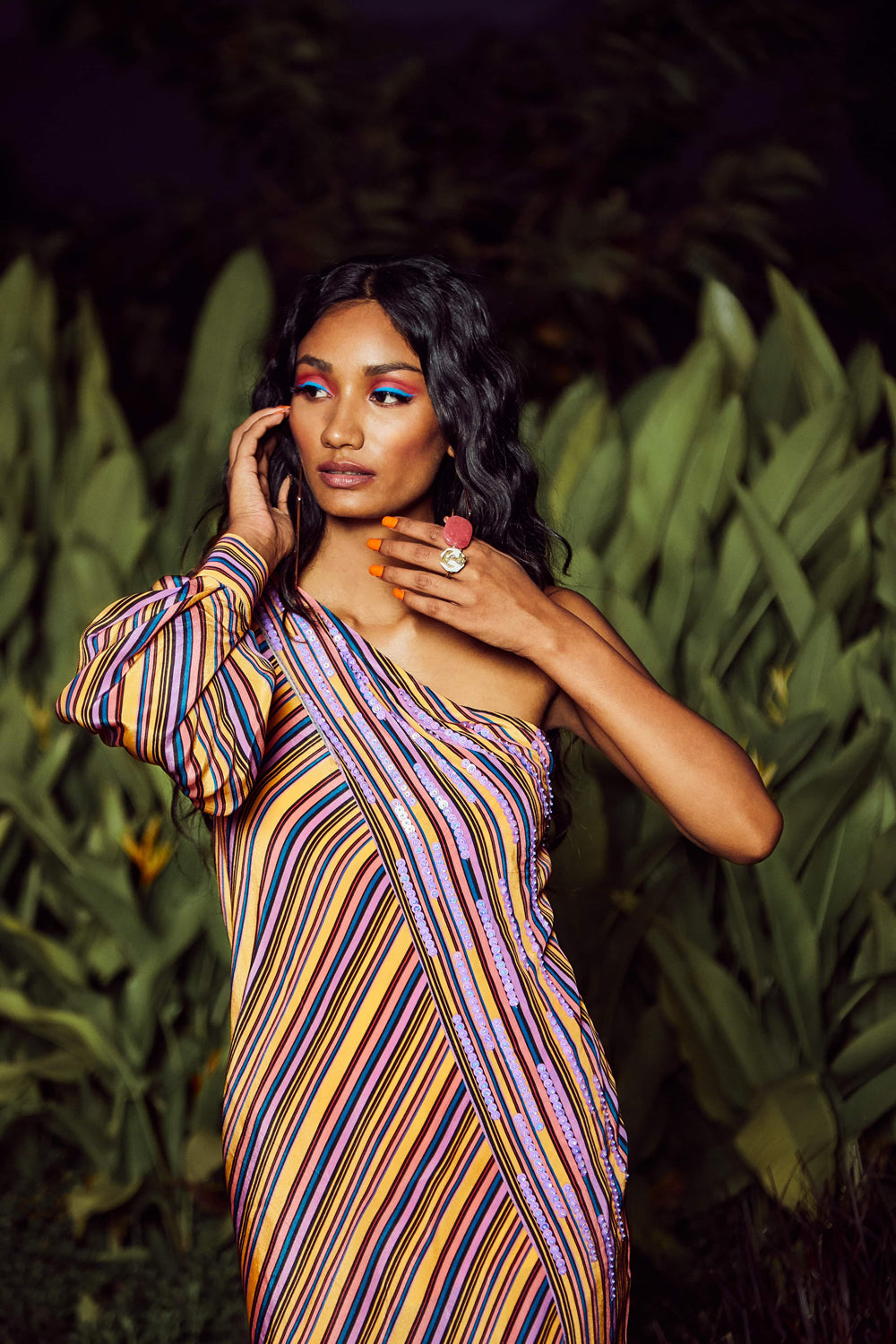 Yellow Printed One Shoulder High-Slit Overlay Maxi Dress