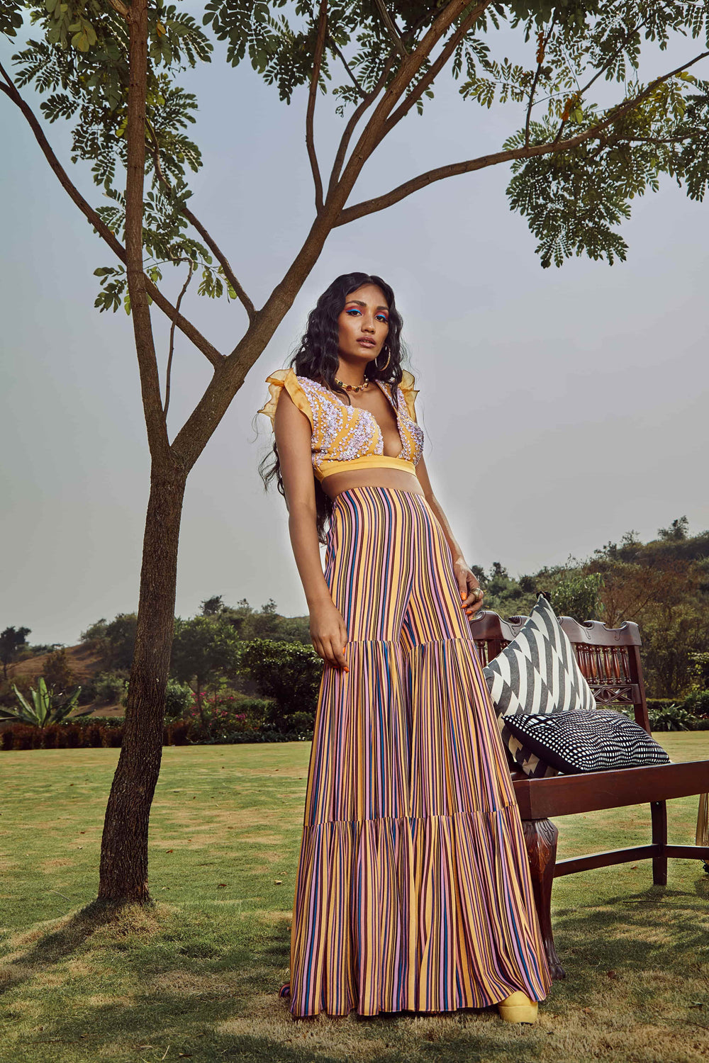 Yellow Italian Crepe Embroidered Amber Bandeau Top With Pants