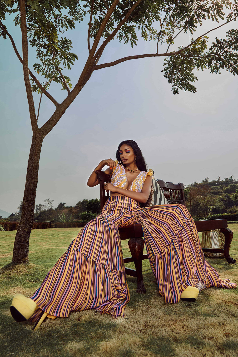 Yellow Italian Crepe Embroidered Amber Bandeau Top With Pants