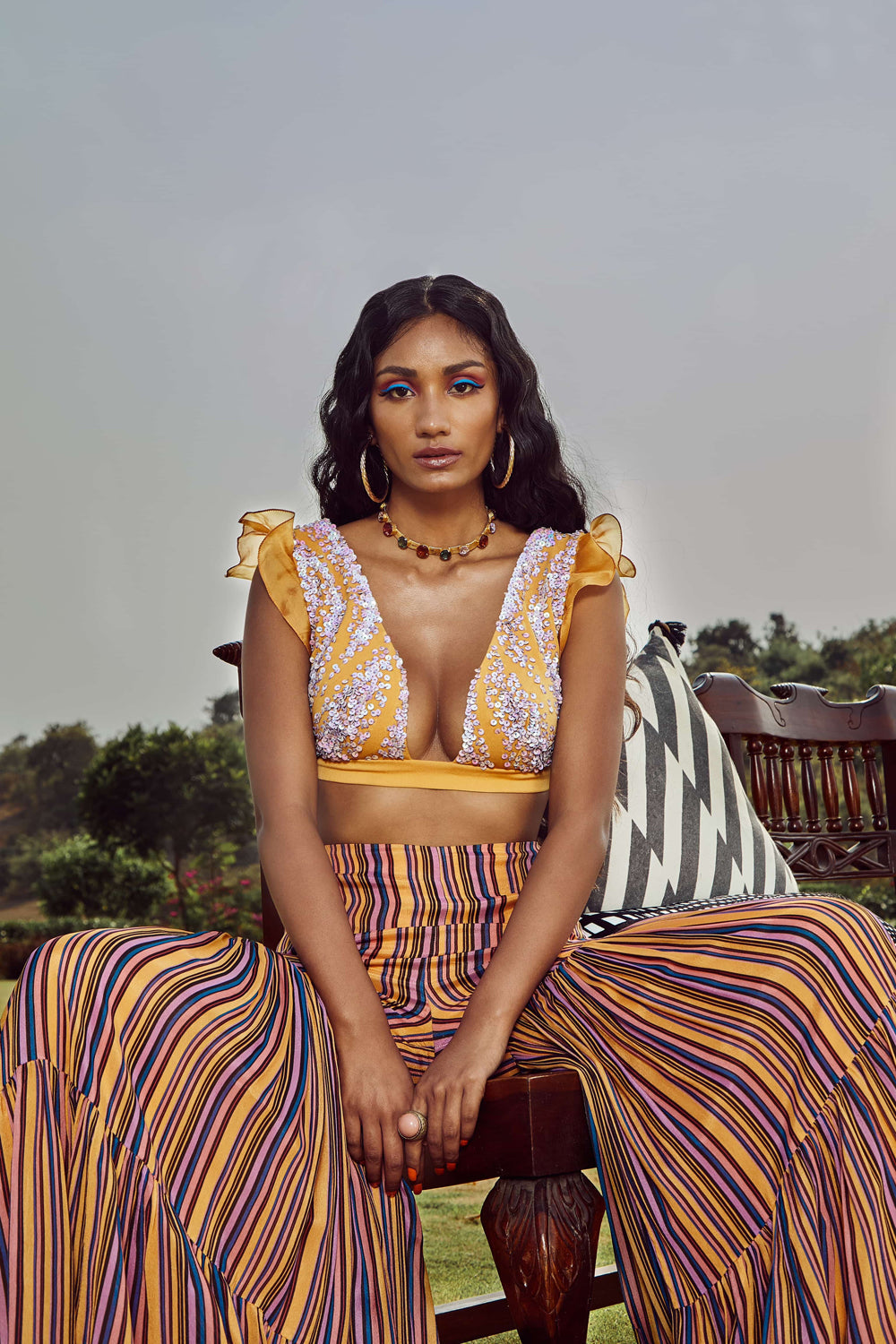 Yellow Italian Crepe Embroidered Amber Bandeau Top With Pants