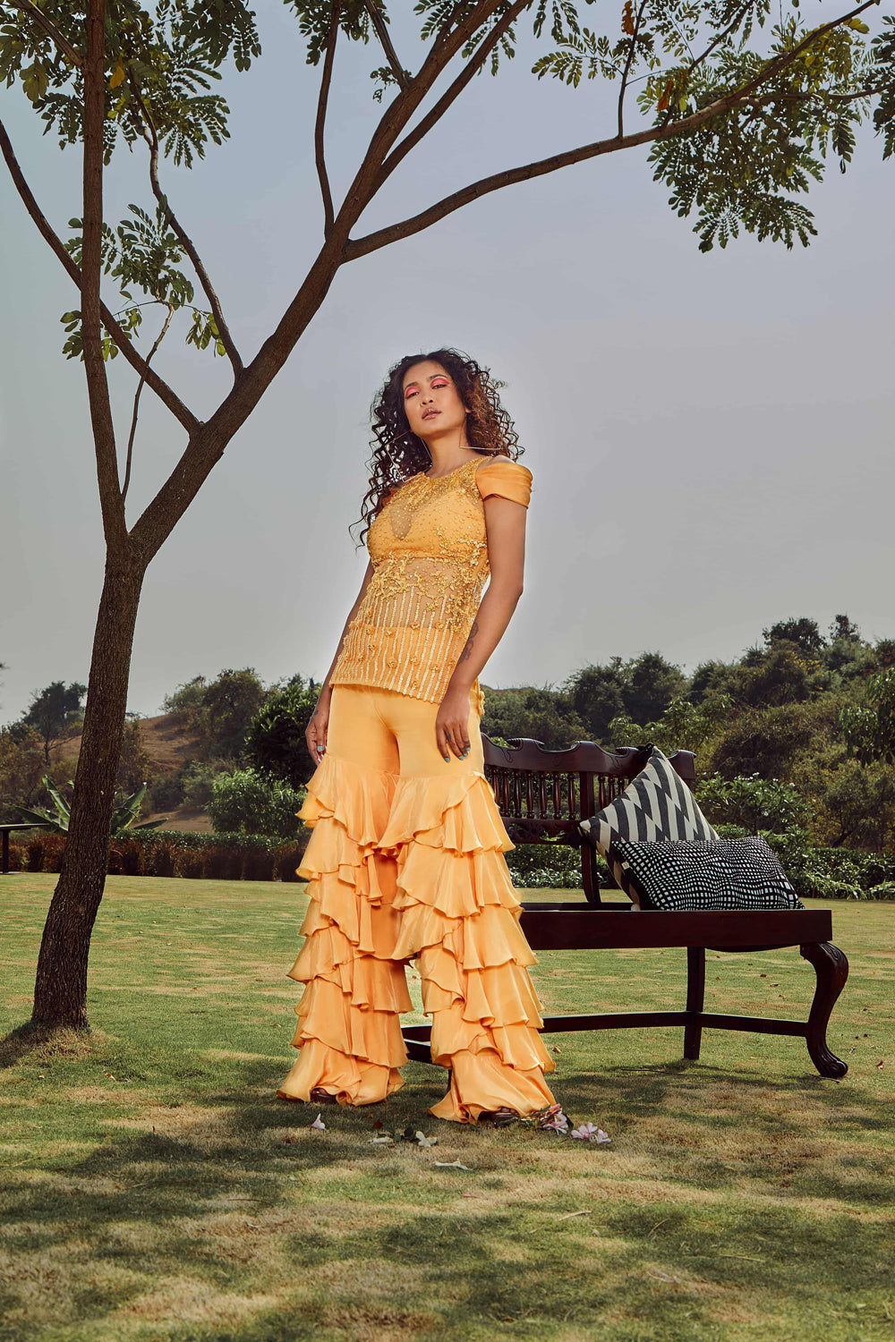 Yellow Amber Tulle Thread Embroidered Long Top With Trousers