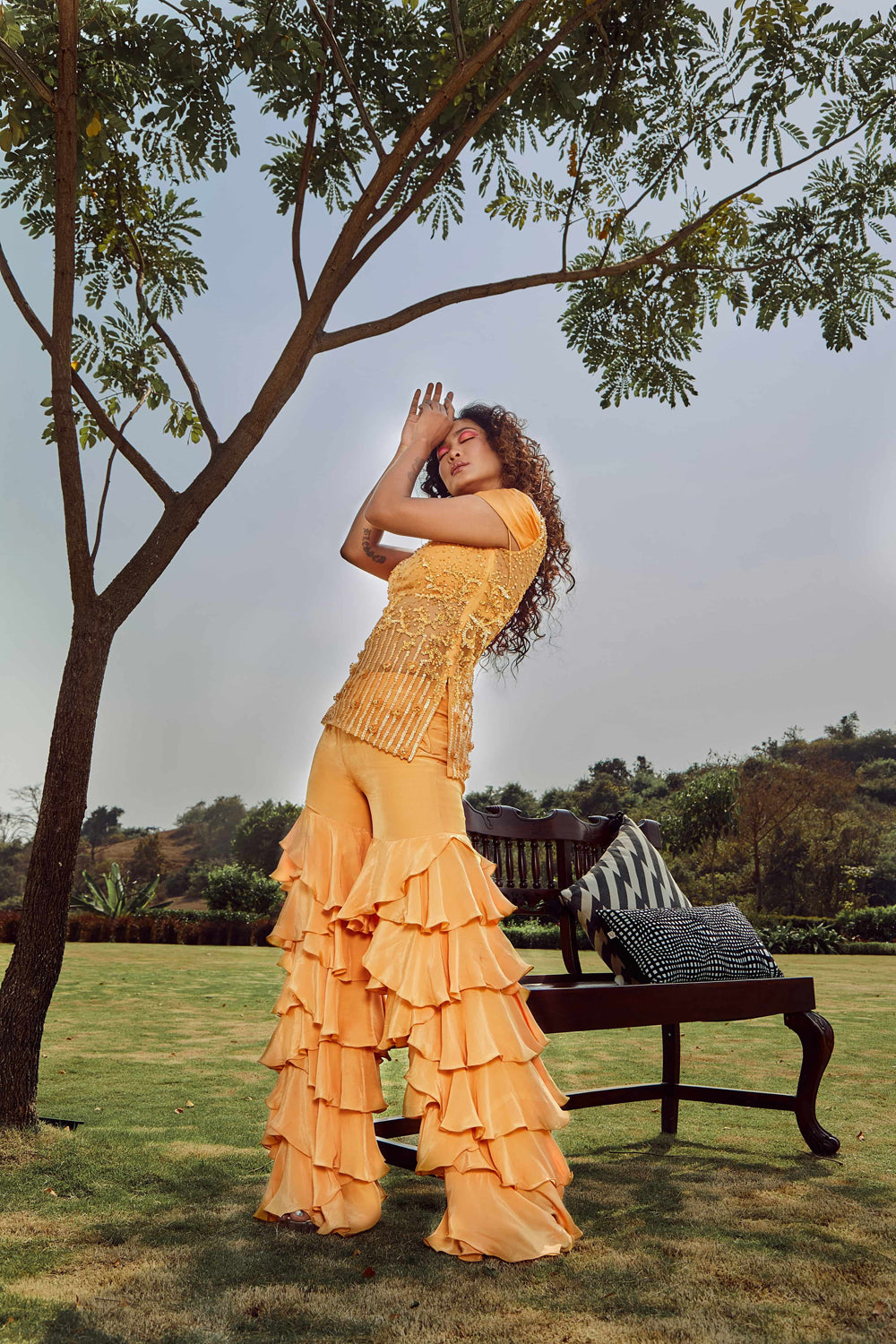 Yellow Amber Tulle Thread Embroidered Long Top With Trousers