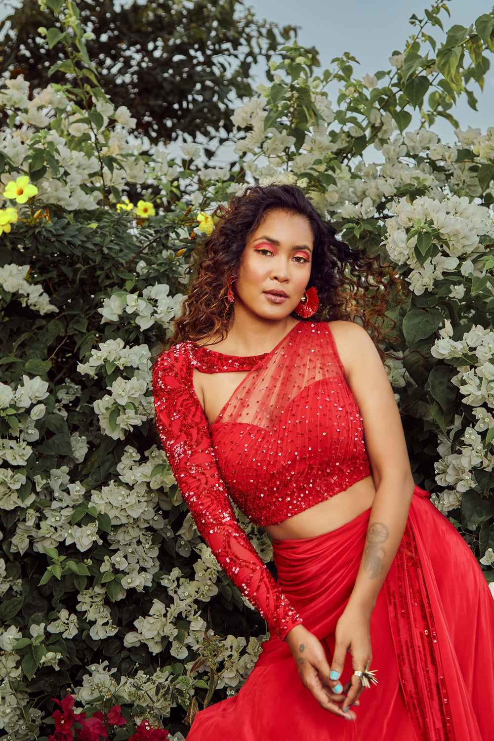 Scarlet Red Twisted Drape Lehenga With Top