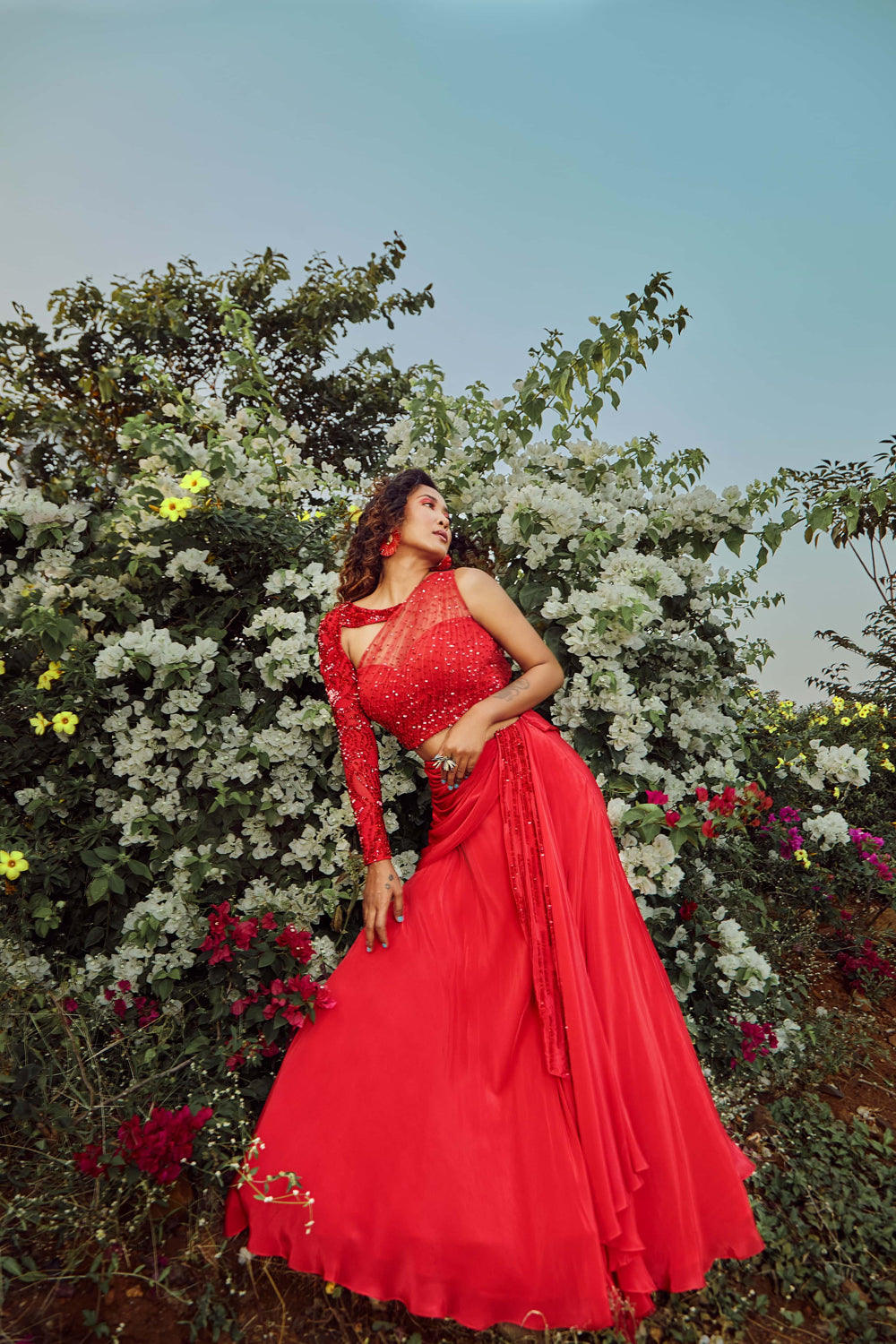 Scarlet Red Twisted Drape Lehenga With Top