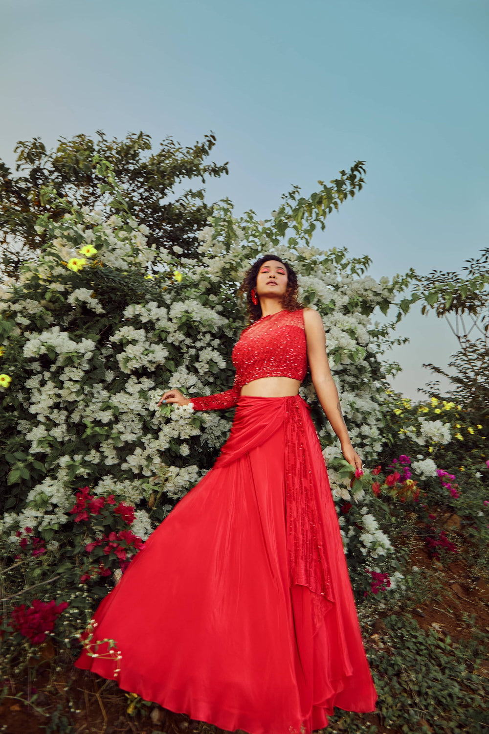 Scarlet Red Twisted Drape Lehenga With Top