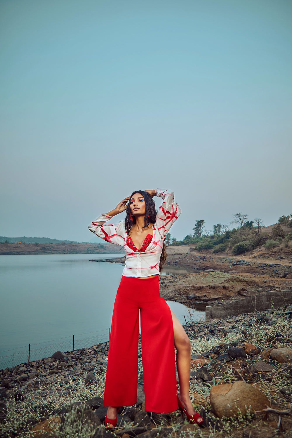 Tie-Dye Scarlet Red Organza Top With Trousers
