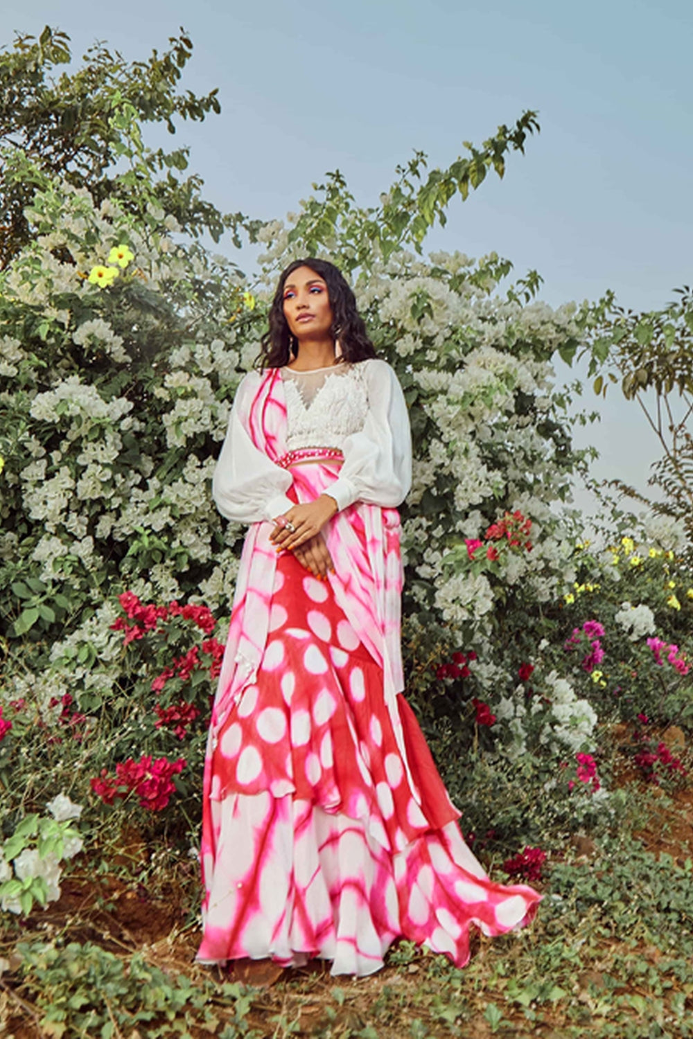 Red Ivory Blouse With Lehenga Saree