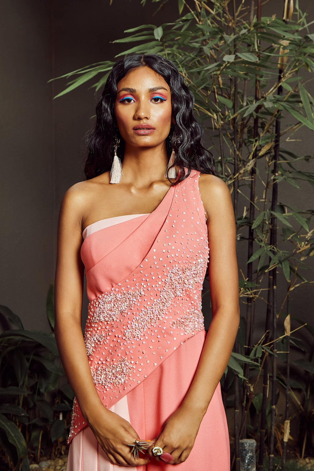 Coral One Shoulder Drape Jumpsuit