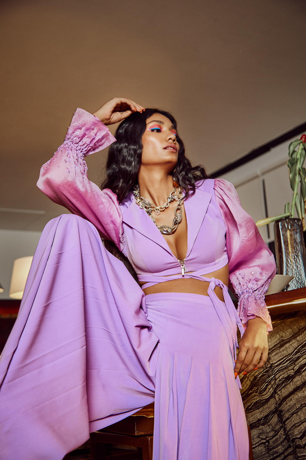 Iridescent Lavender Cropped Jacket With Trousers