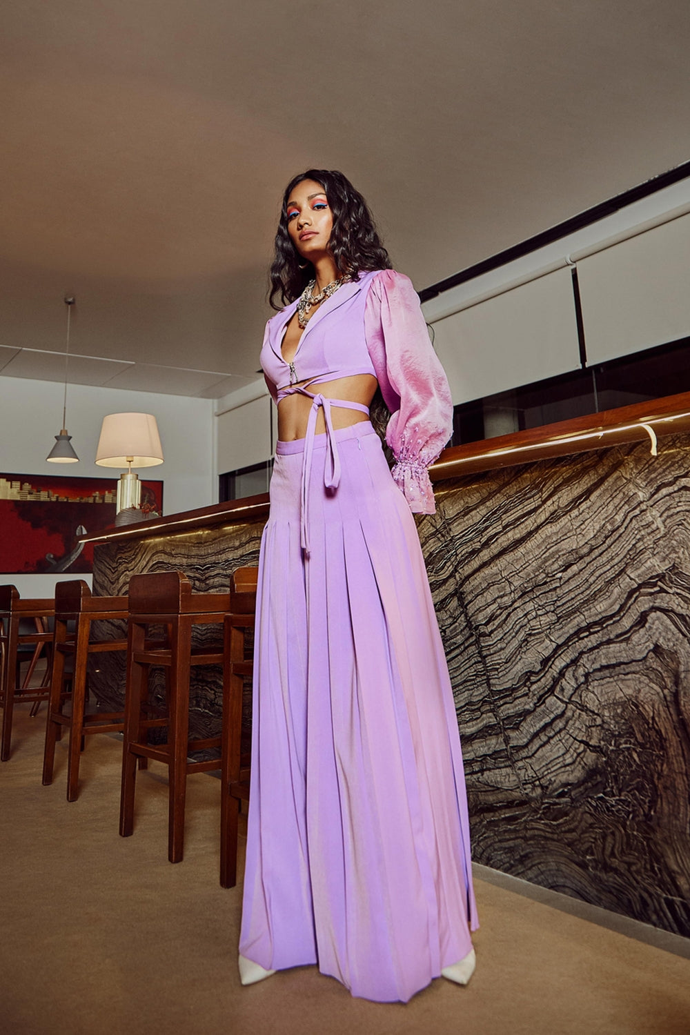 Iridescent Lavender Cropped Jacket With Trousers