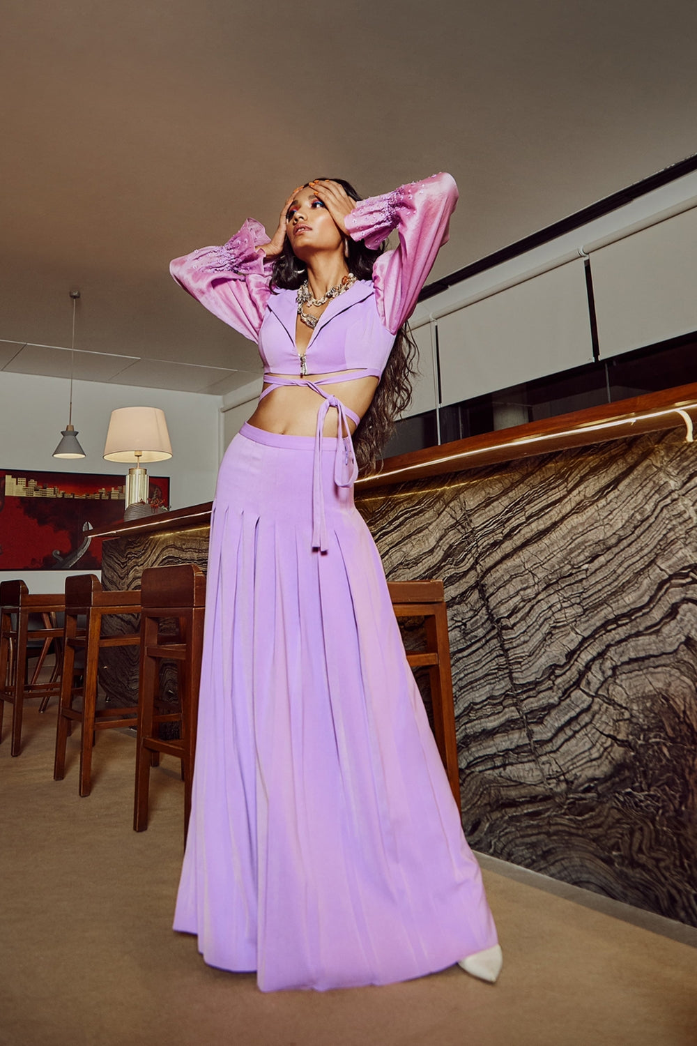 Iridescent Lavender Cropped Jacket With Trousers