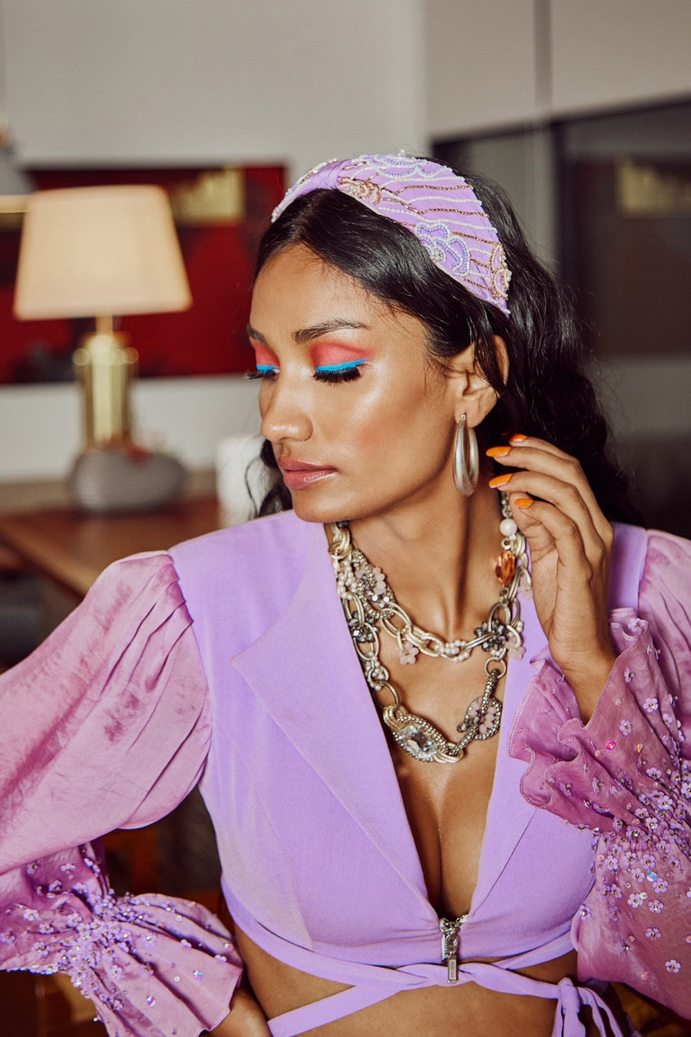 Iridescent Lavender Cropped Jacket With Trousers