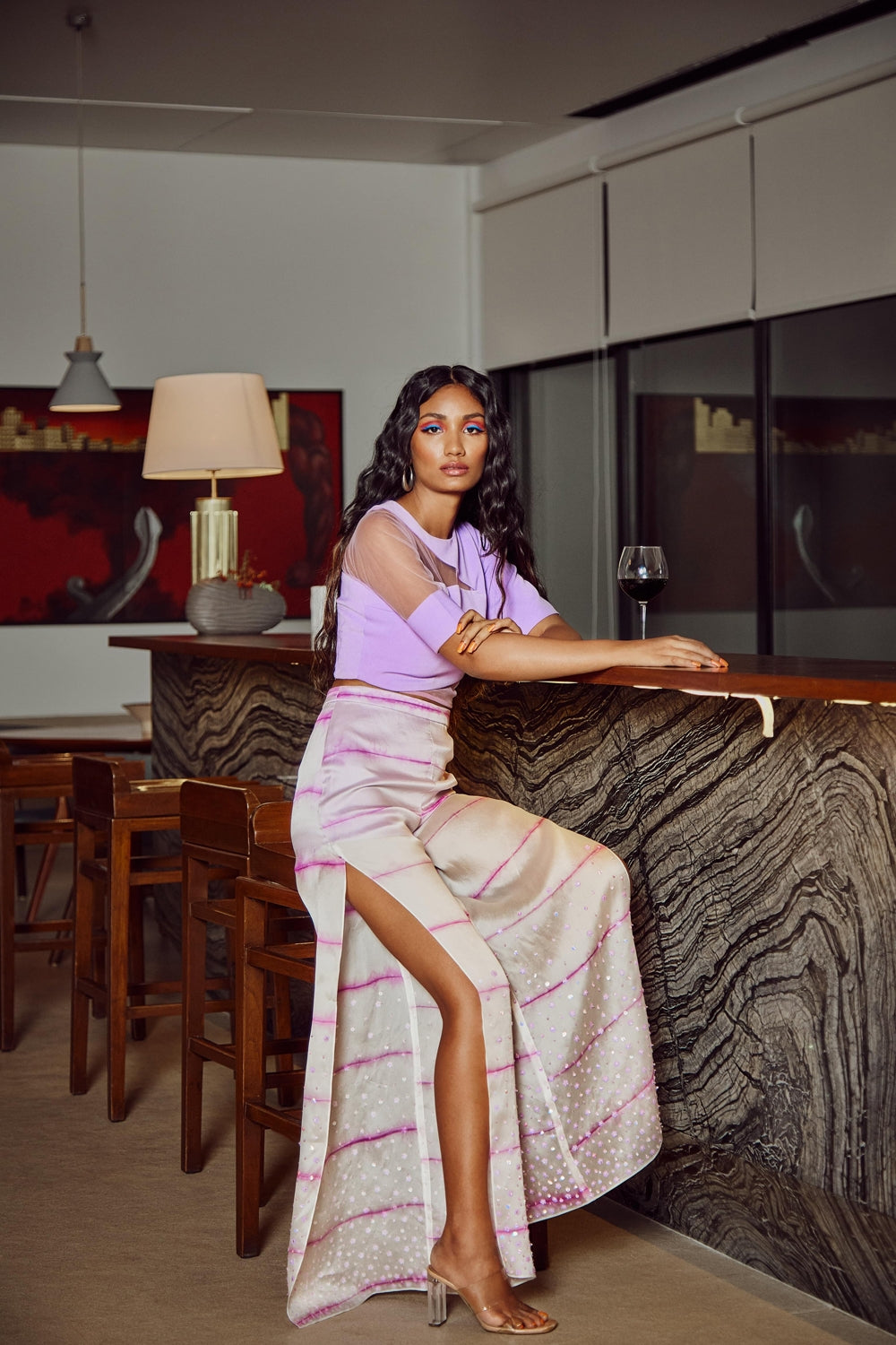 Ivory High Slit Tie-Dye Trousers With Crop Top