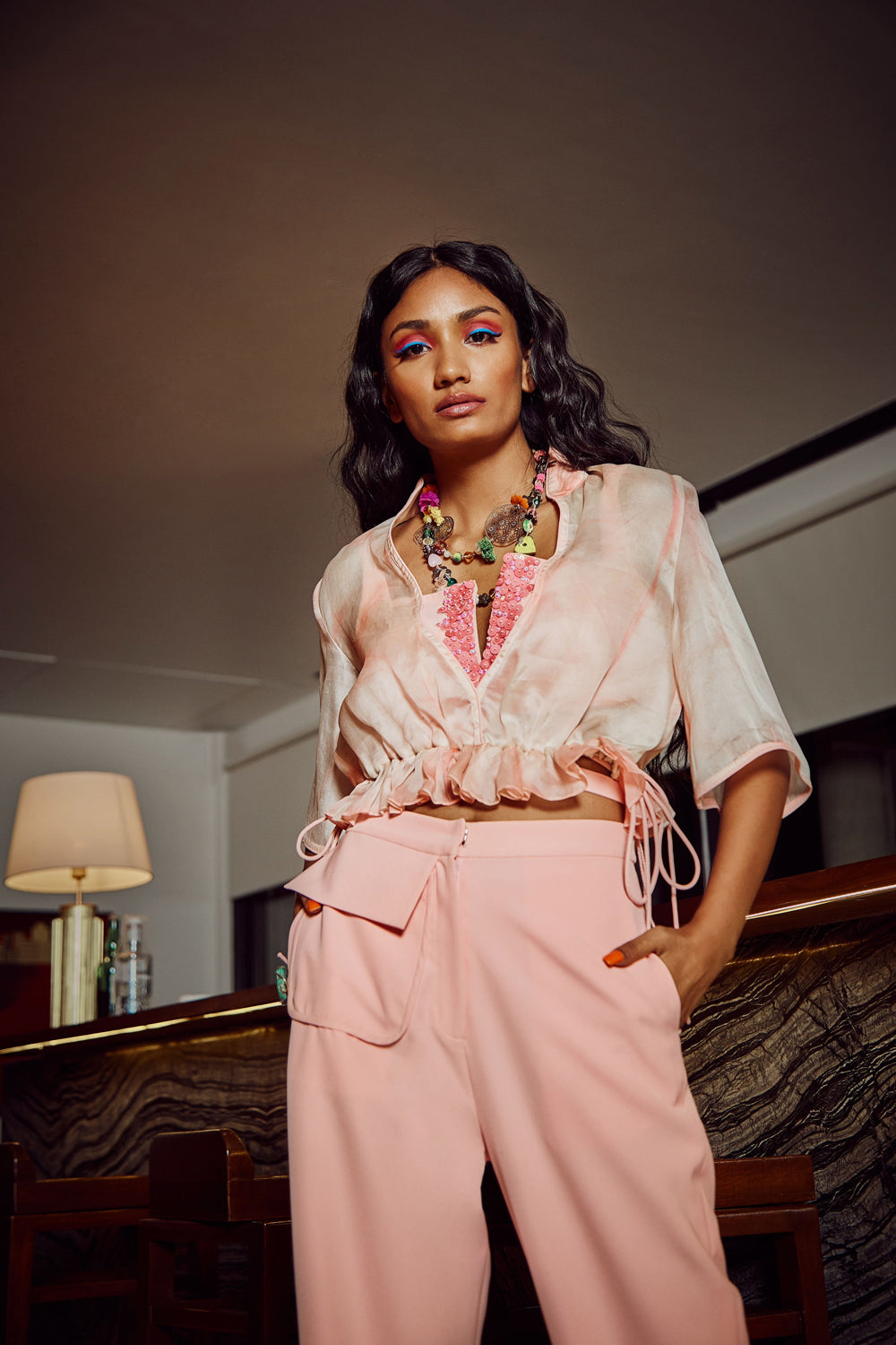 Coral Soft Shell Drawstring Tie-Dye Top With Cropped Trousers