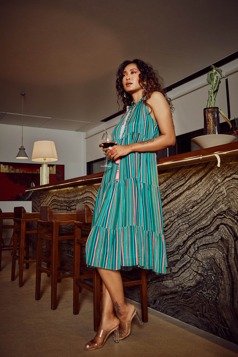 Mint green Halter Neck Printed Three Layered Midi Dress