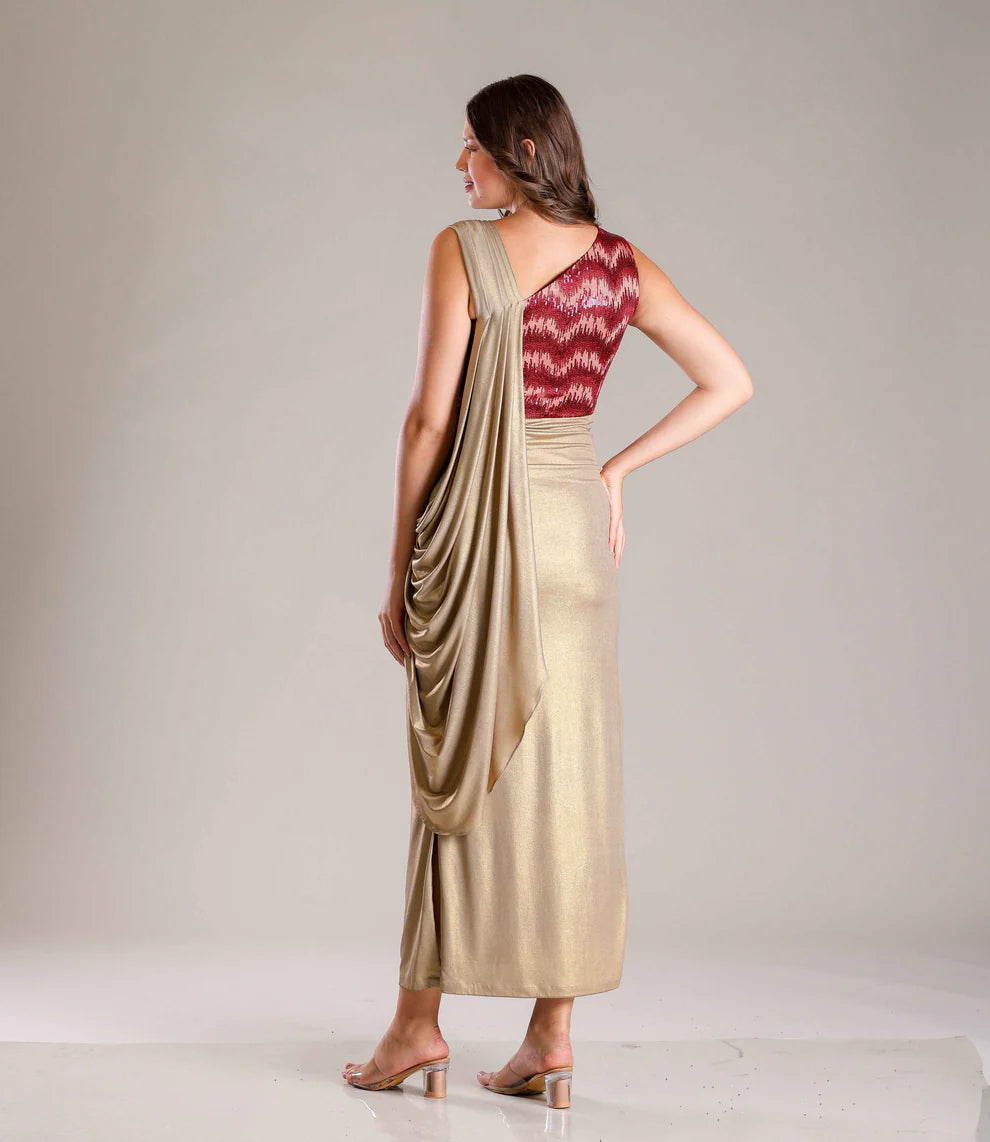 Gold Shimmer Lycra Gown & Pleated Belt With Maroon Sequins Highlighting On Bodice