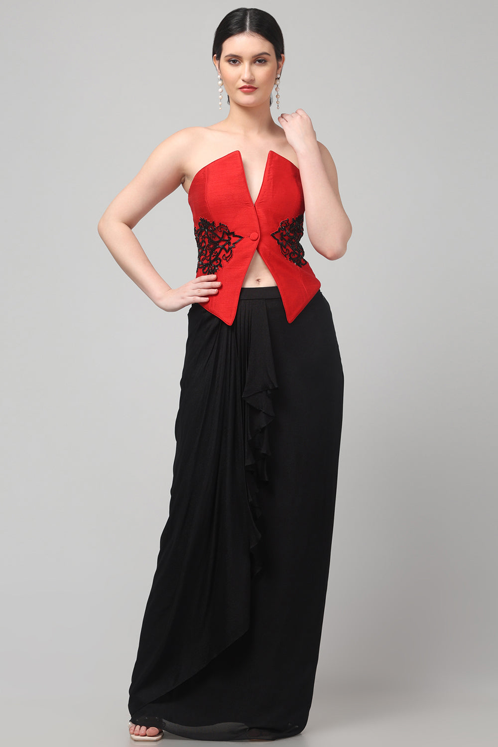 Red Embroidered Top with Draped Black Skirt