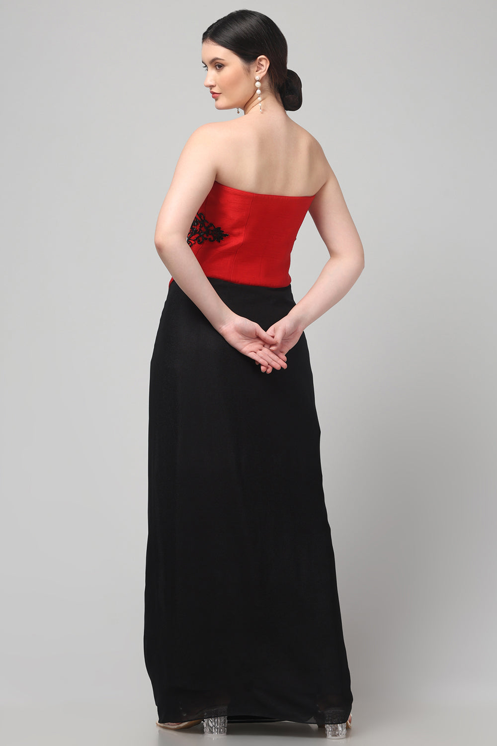 Red Embroidered Top with Draped Black Skirt
