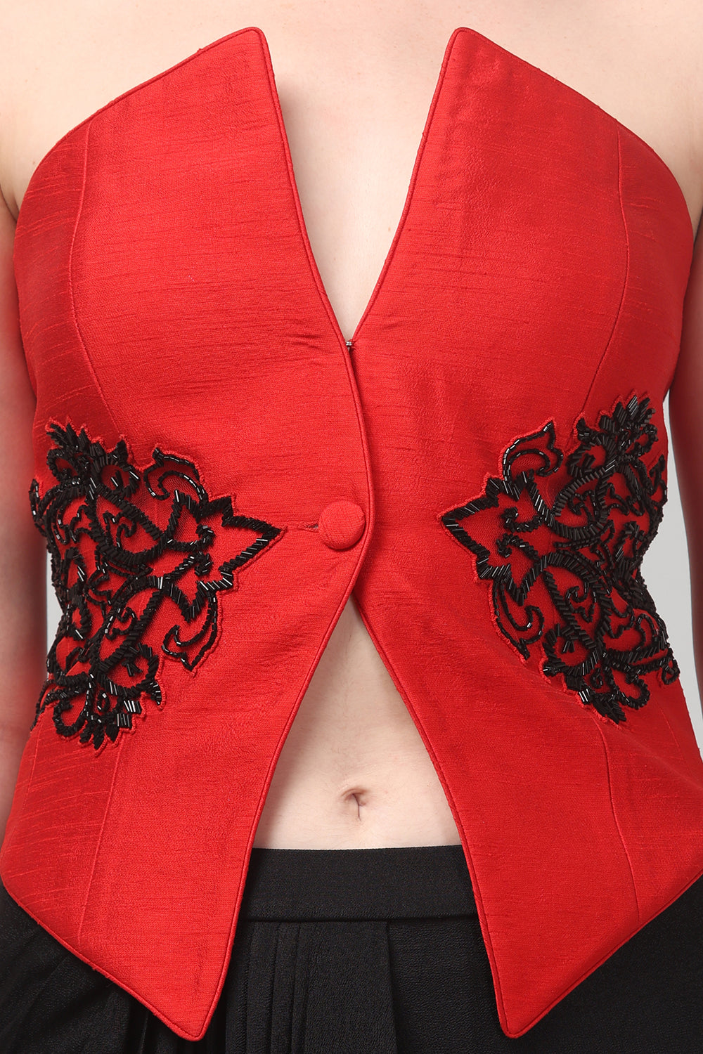 Red Embroidered Top with Draped Black Skirt