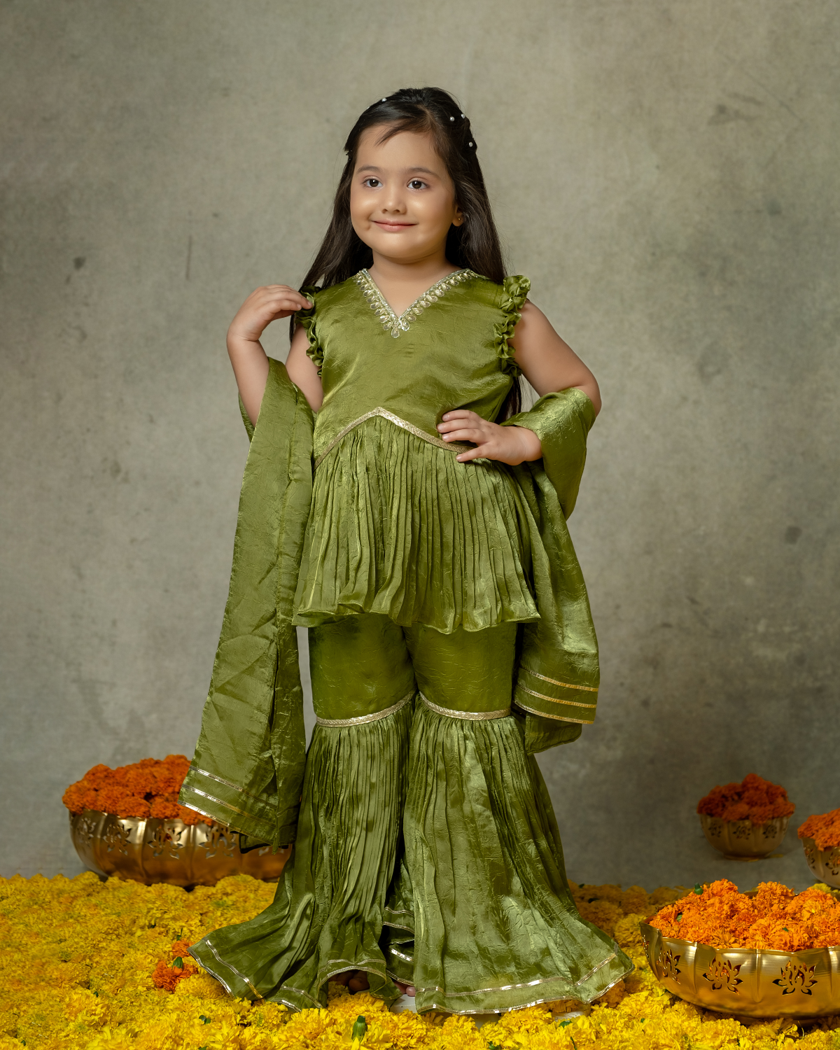 OLIVE GREEN SHARARA SET