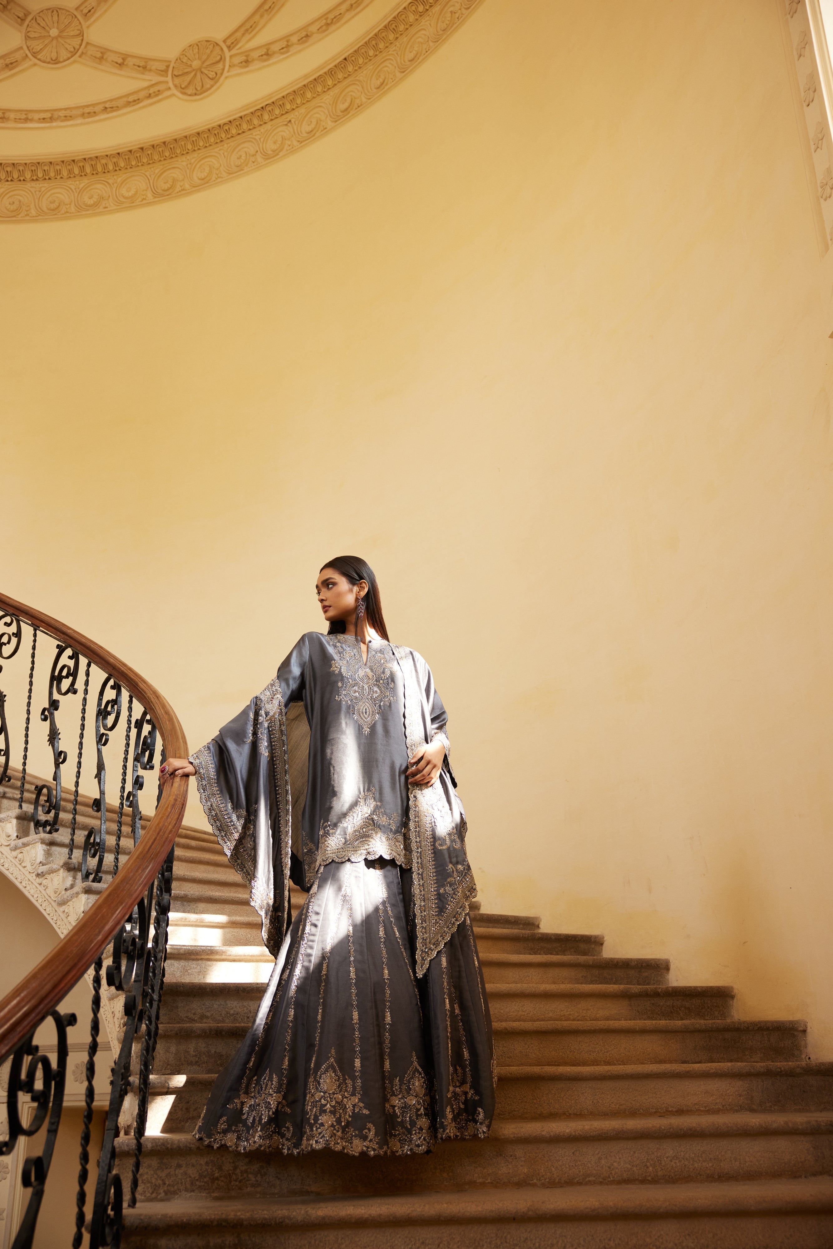 Teal Grey Sharara Cape Set