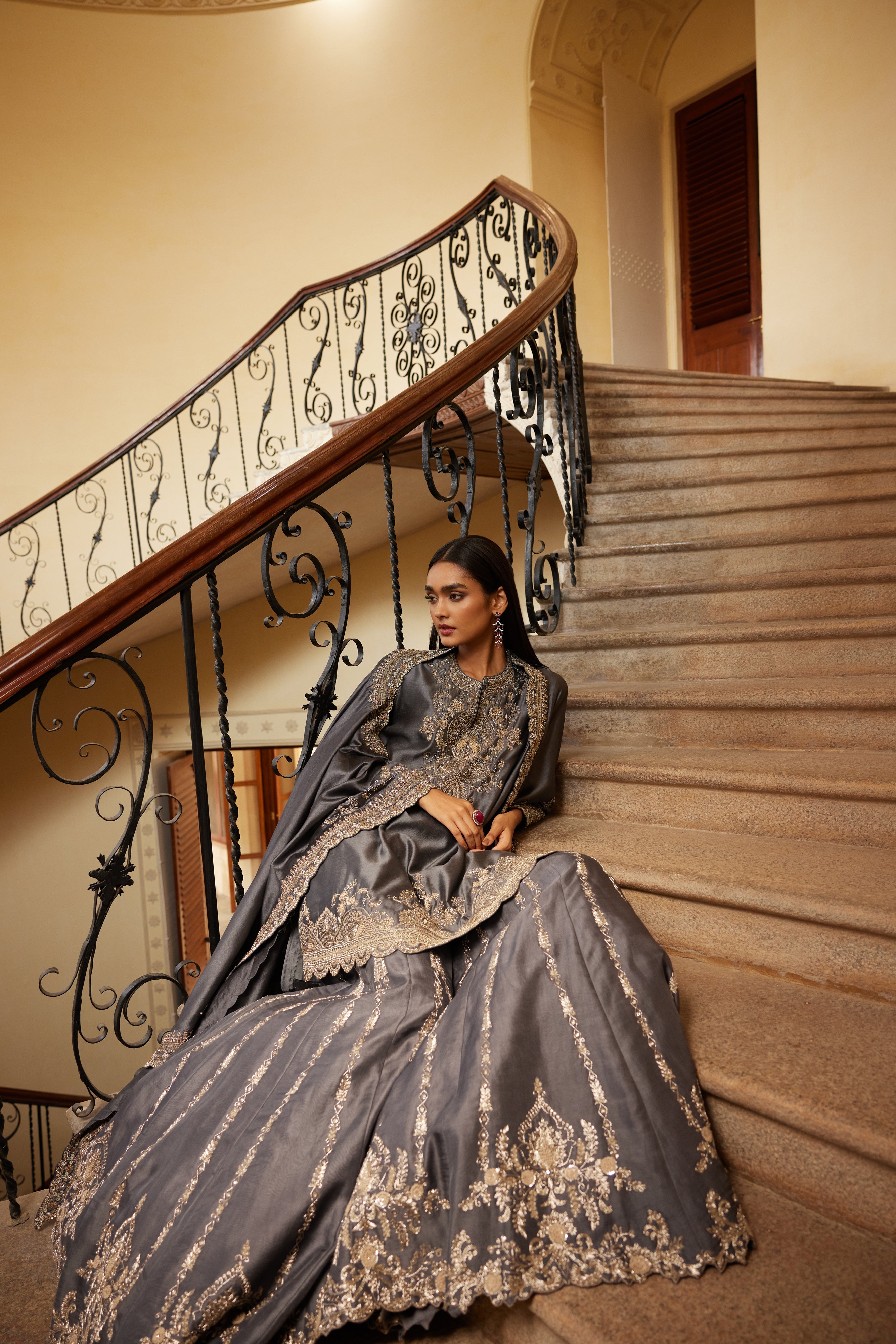 Teal Grey Sharara Cape Set