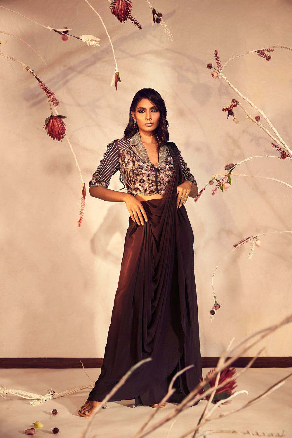 Wine Pre-Draped Saree