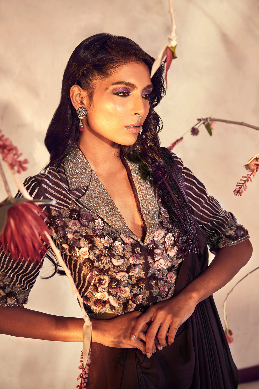 Wine Pre-Draped Saree